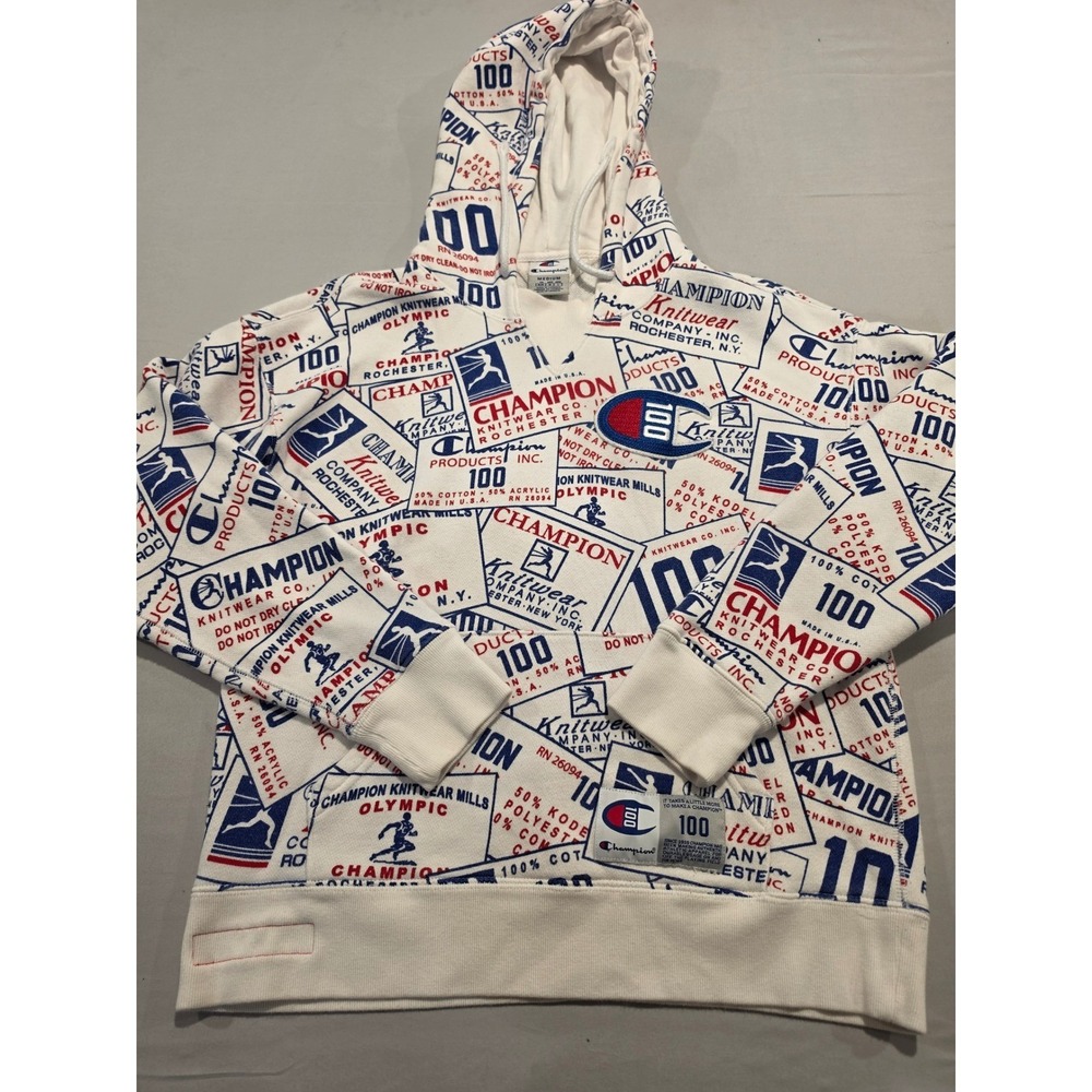 Champion 100th Anniversary All Over Print Hoodie Mens M‎ White Logo Sweatshirt